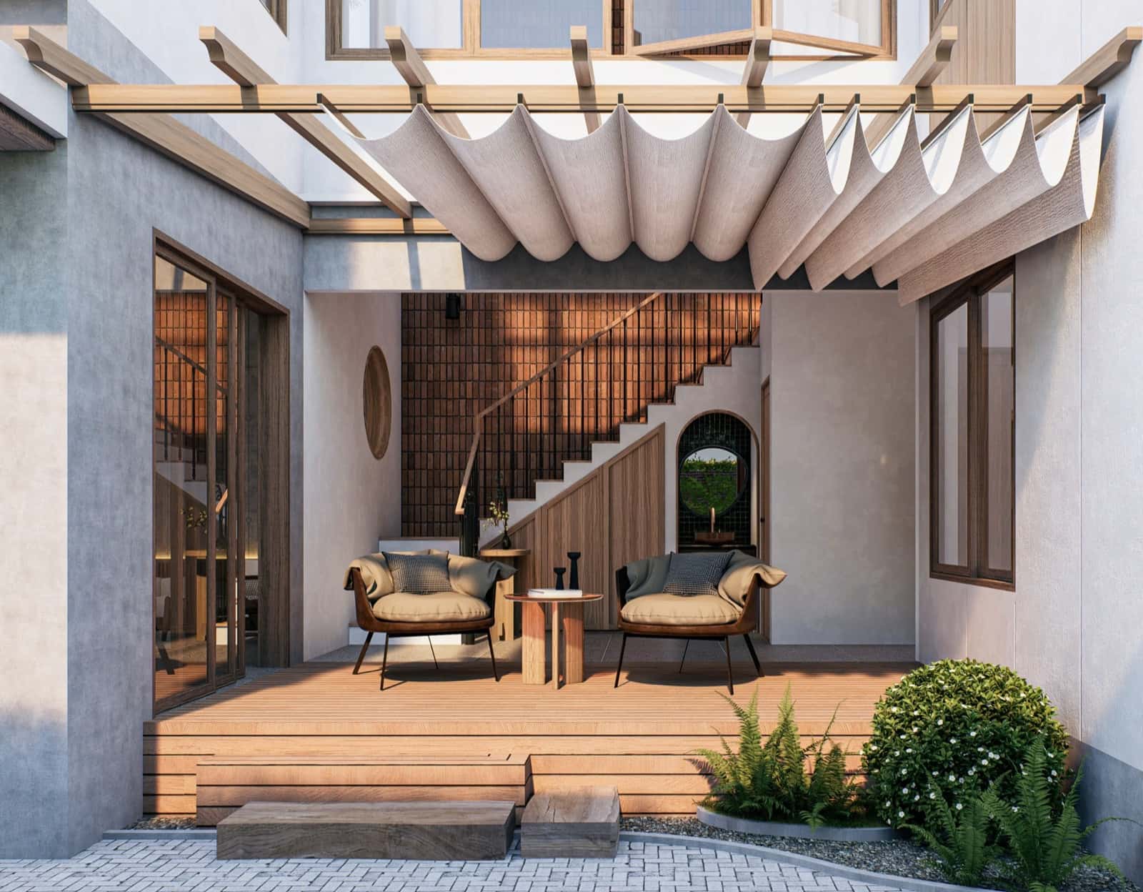 Wooden veranda with lounge chairs under a canvas roof