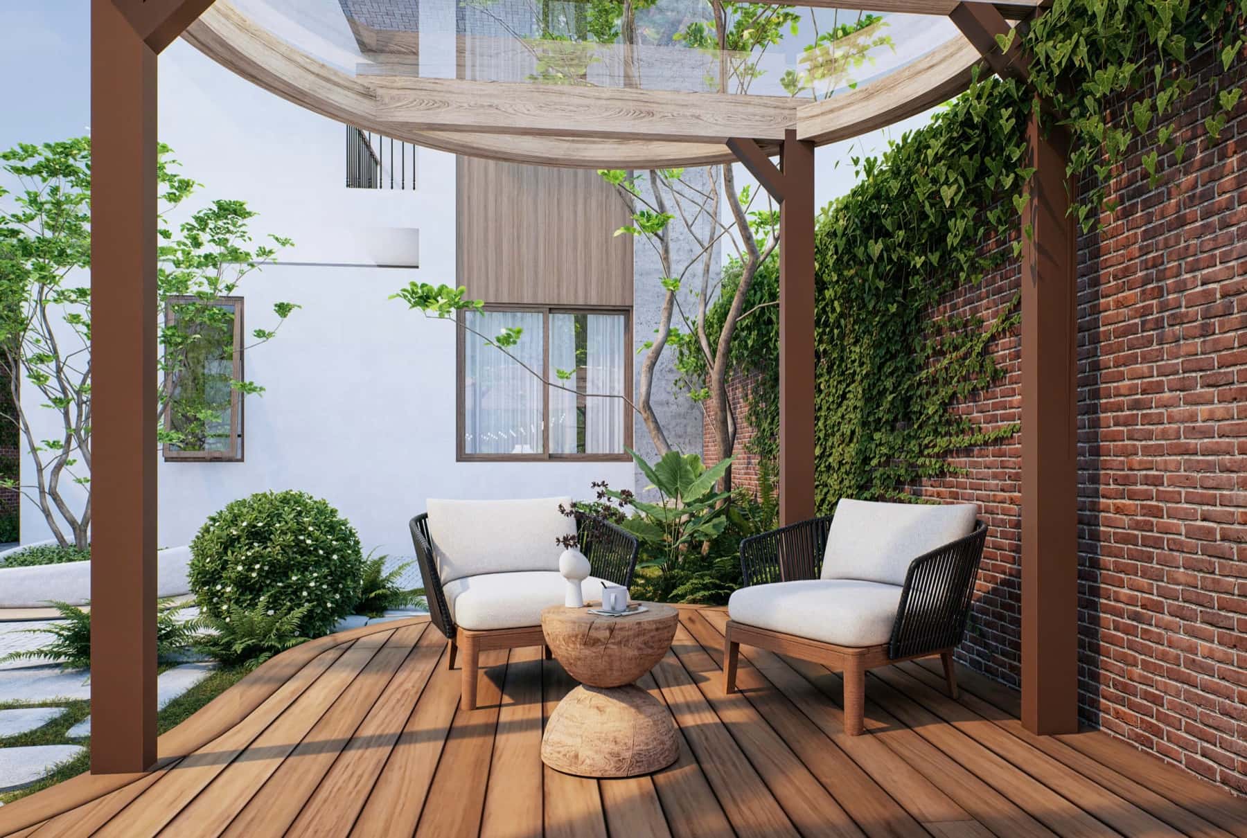 Hiên gỗ với sofa trắng và cây leo